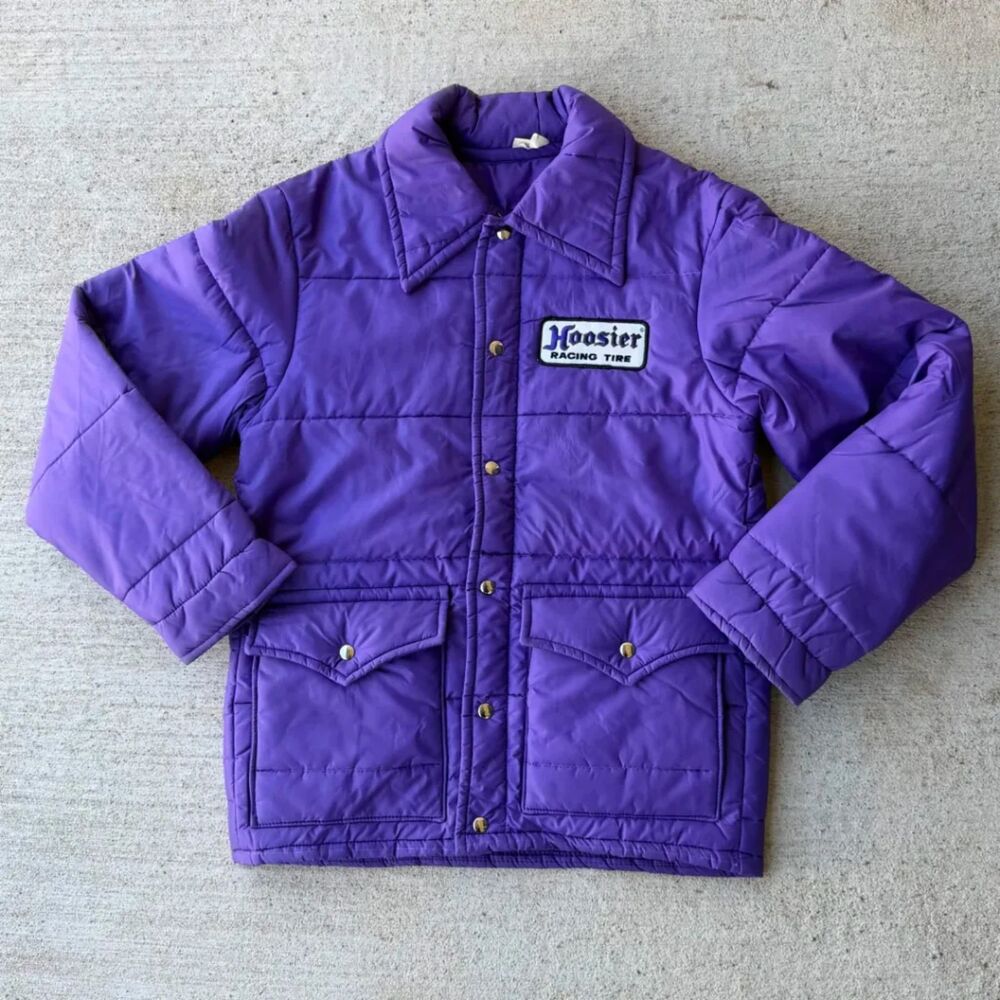 Vintage 70s Hoosier Racing Tire Puffer Jacket Mens S Purple Made in USA Western